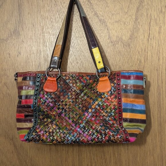 Ameri Leather Woven Tote Shoulder Bag Hobo Colorful Large with wallet - Picture 1 of 5